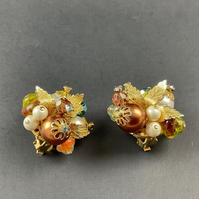 -197- ALICE CAVINESS | Clip Beaded & Rhinestone Earrings | Marked