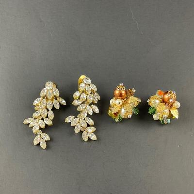 -197- ALICE CAVINESS | Clip Beaded & Rhinestone Earrings | Marked