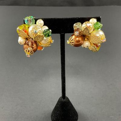 -197- ALICE CAVINESS | Clip Beaded & Rhinestone Earrings | Marked