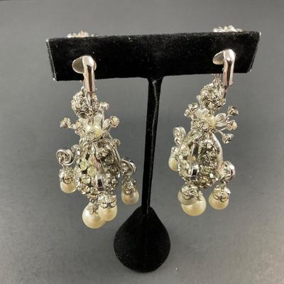 -198- COSTUME JEWELRY | Rhinestone & Crystal Chandelier Clip Earrings