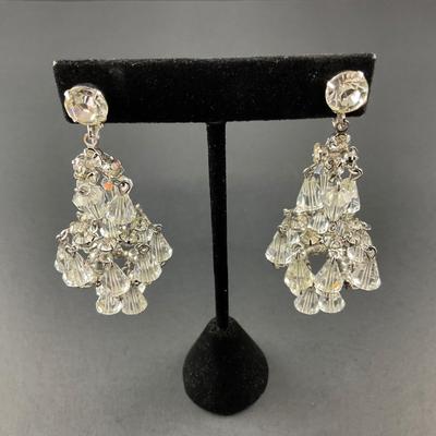 -198- COSTUME JEWELRY | Rhinestone & Crystal Chandelier Clip Earrings