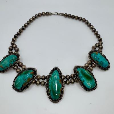 Large Native American Pawn Silver & Turquoise Necklace