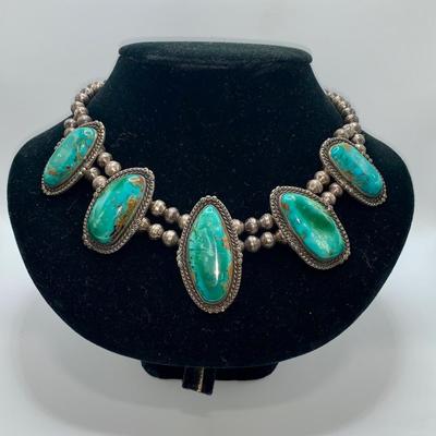 Large Native American Pawn Silver & Turquoise Necklace
