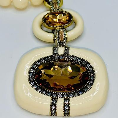 Heidi Daus "Super Chic" Crystal Enamel Cream/Amber Necklace & Earrings Rare