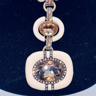 Heidi Daus "Super Chic" Crystal Enamel Cream/Amber Necklace & Earrings Rare