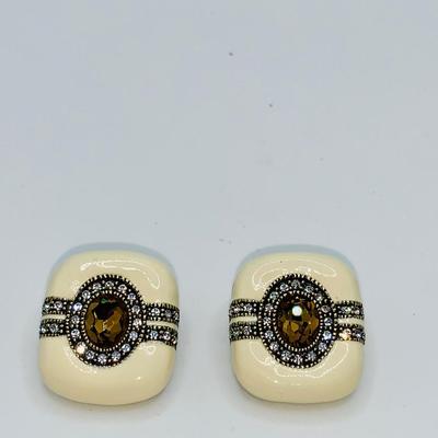 Heidi Daus "Super Chic" Crystal Enamel Cream/Amber Necklace & Earrings Rare