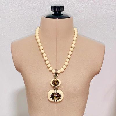 Heidi Daus "Super Chic" Crystal Enamel Cream/Amber Necklace & Earrings Rare