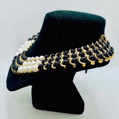 Iman Designer Bib Necklace Black/White Beads with Rhinestones in Gold tone metal