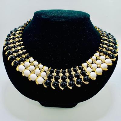 Iman Designer Bib Necklace Black/White Beads with Rhinestones in Gold tone metal