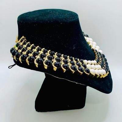 Iman Designer Bib Necklace Black/White Beads with Rhinestones in Gold tone metal