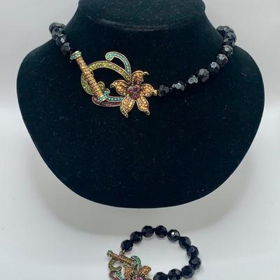 Heidi Daus Long Black Crystal "Perineal Favorite" Floral necklace & bracelet