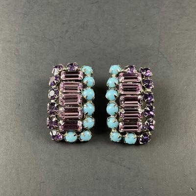 -202- SCHREINER | New York Purple & Blue Rhinestone Clip Earrings | Marked