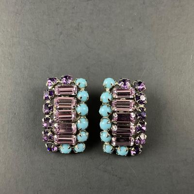 -202- SCHREINER | New York Purple & Blue Rhinestone Clip Earrings | Marked