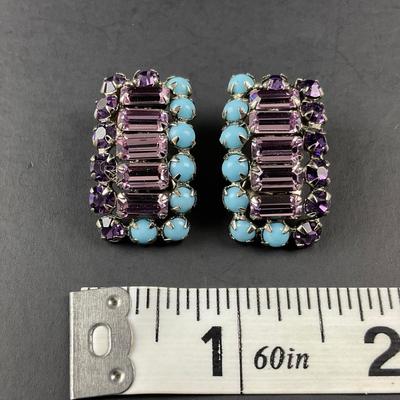 -202- SCHREINER | New York Purple & Blue Rhinestone Clip Earrings | Marked