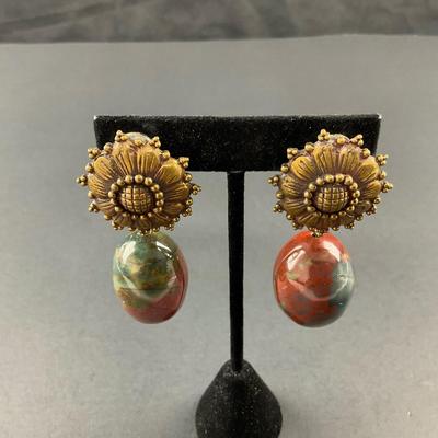 -203- STEPHEN DWECK | 1990’s Flowers & Stone Clip Earrings | Marked