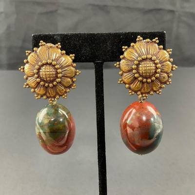 -203- STEPHEN DWECK | 1990’s Flowers & Stone Clip Earrings | Marked