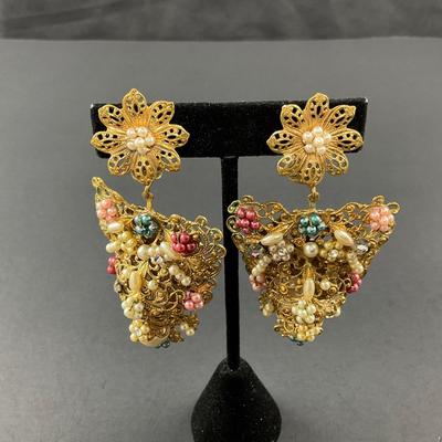 -204- EUGENE | Gold Tone Multicolored Clip Earrings | Marked