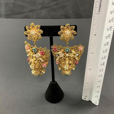 -204- EUGENE | Gold Tone Multicolored Clip Earrings | Marked