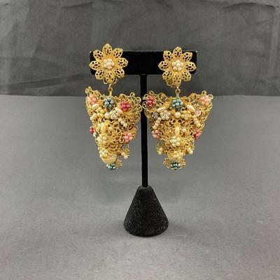 -204- EUGENE | Gold Tone Multicolored Clip Earrings | Marked