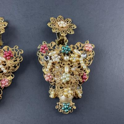 -204- EUGENE | Gold Tone Multicolored Clip Earrings | Marked
