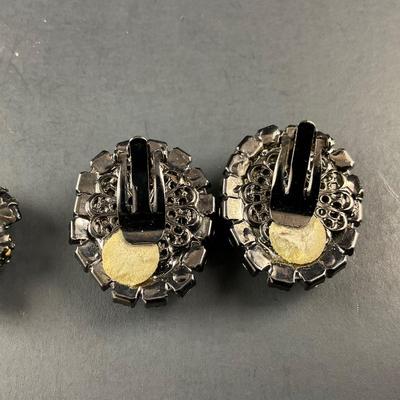 -205- COSTUME JEWELRY | Dark Colored Rhinestone Clip Earrings