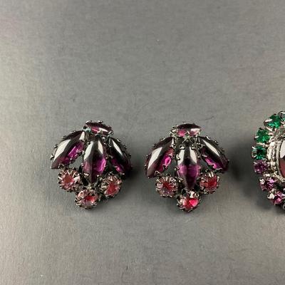 -205- COSTUME JEWELRY | Dark Colored Rhinestone Clip Earrings