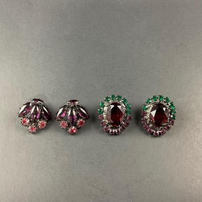 -205- COSTUME JEWELRY | Dark Colored Rhinestone Clip Earrings