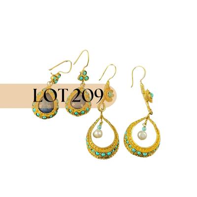 -209- ARTISAN | Turkey Gold Tone & Stone Earrings | Marked