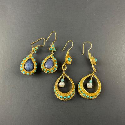 -209- ARTISAN | Turkey Gold Tone & Stone Earrings | Marked