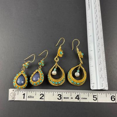 -209- ARTISAN | Turkey Gold Tone & Stone Earrings | Marked