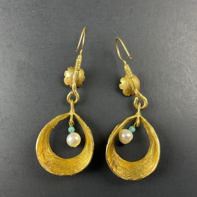 -209- ARTISAN | Turkey Gold Tone & Stone Earrings | Marked