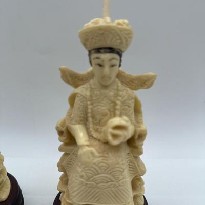 Vintage Cast Resin Chinese Statues of Man and Woman on Throne, Wooden Base