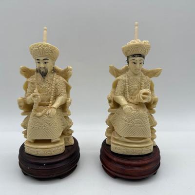 Vintage Cast Resin Chinese Statues of Man and Woman on Throne, Wooden Base