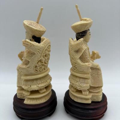 Vintage Cast Resin Chinese Statues of Man and Woman on Throne, Wooden Base