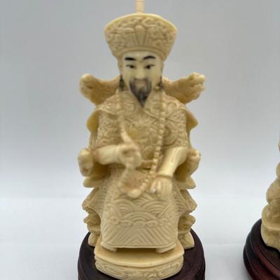 Vintage Cast Resin Chinese Statues of Man and Woman on Throne, Wooden Base