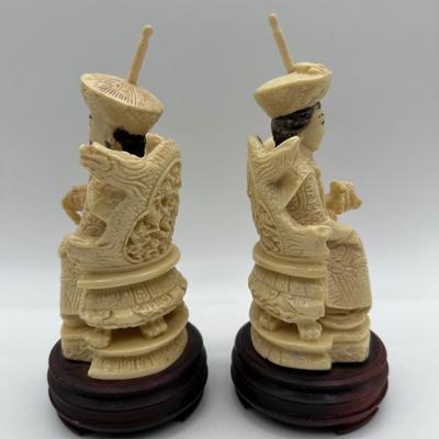 Vintage Cast Resin Chinese Statues of Man and Woman on Throne, Wooden Base