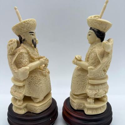 Vintage Cast Resin Chinese Statues of Man and Woman on Throne, Wooden Base