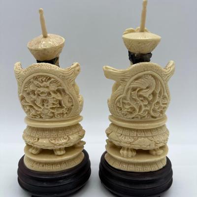 Vintage Cast Resin Chinese Statues of Man and Woman on Throne, Wooden Base