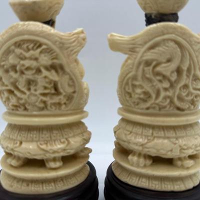 Vintage Cast Resin Chinese Statues of Man and Woman on Throne, Wooden Base