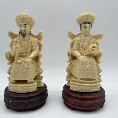 Vintage Cast Resin Chinese Statues of Man and Woman on Throne, Wooden Base