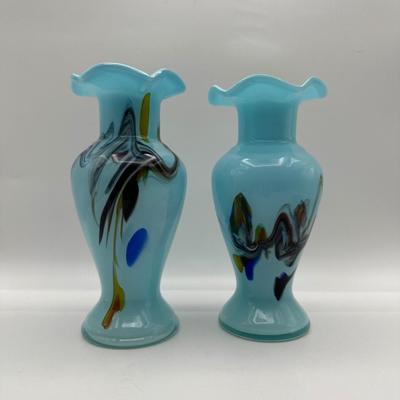 Two Art Blue Glass Ruffled Rim Vases (2)