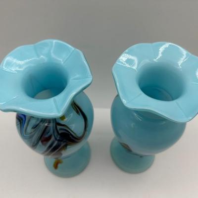 Two Art Blue Glass Ruffled Rim Vases (2)
