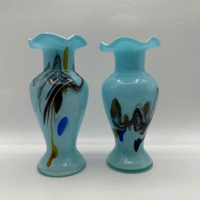 Two Art Blue Glass Ruffled Rim Vases (2)
