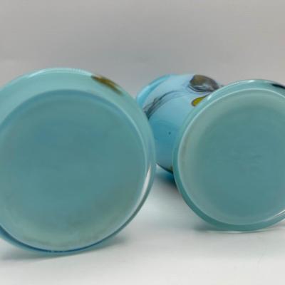 Two Art Blue Glass Ruffled Rim Vases (2)
