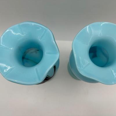 Two Art Blue Glass Ruffled Rim Vases (2)