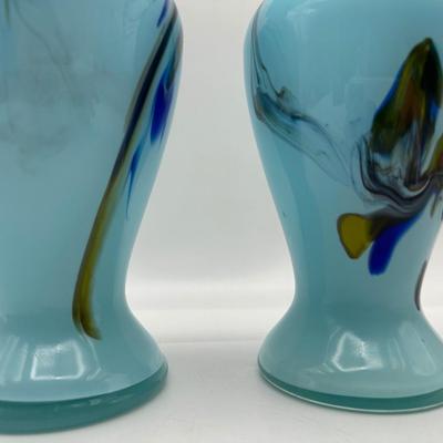 Two Art Blue Glass Ruffled Rim Vases (2)