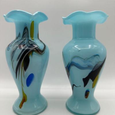 Two Art Blue Glass Ruffled Rim Vases (2)