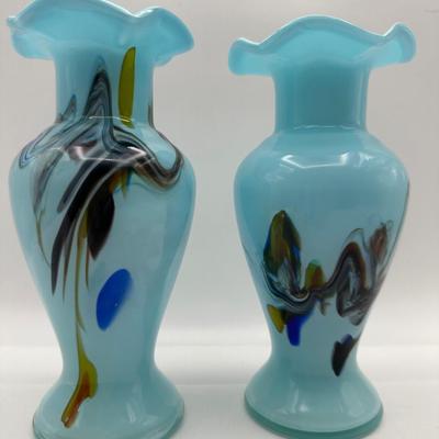 Two Art Blue Glass Ruffled Rim Vases (2)