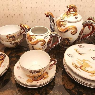 Lot #140 Lovely Vintage Moriage Lithophane Asian Tea Set - Geisha Girl