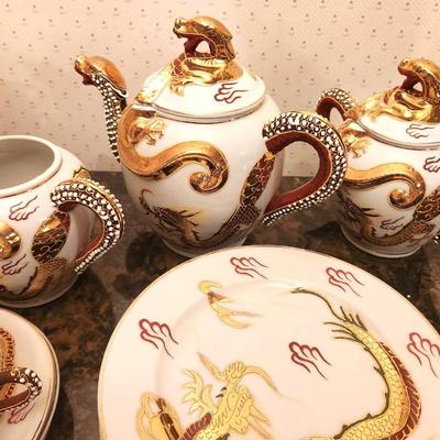 Lot #140 Lovely Vintage Moriage Lithophane Asian Tea Set - Geisha Girl